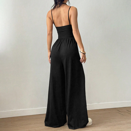 Women's wear double suspenders pure color slimming wide-leg jumpsuit sports yoga trousers European and American slim casual suit