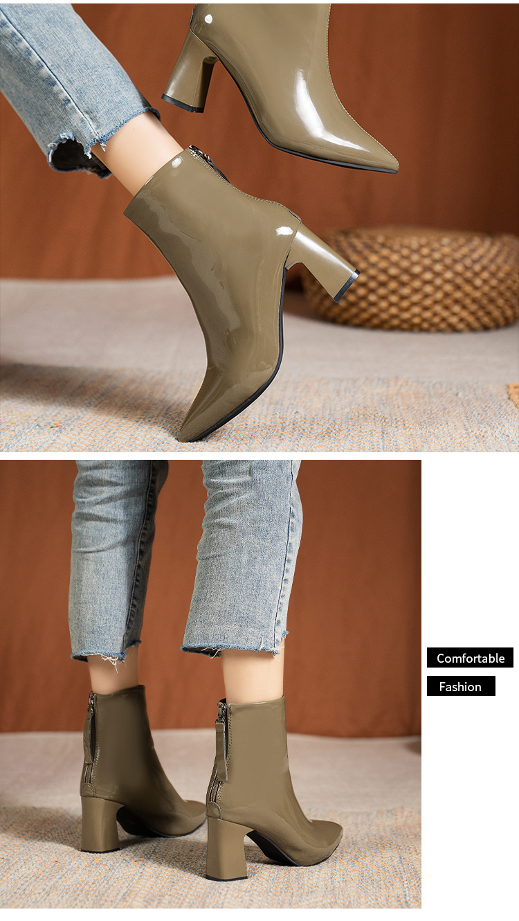 High heeled short for women autumn and winter new British style pointed patent leather thick heel fashion Martin_voghion.com