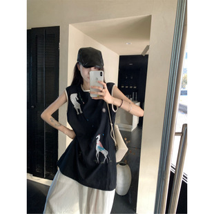 Real Shot and Real Price Summer New Cotton and Linen Heavy-Duty Cartoon Embroider Contrasting Neckline Sleeveless Vest Dress