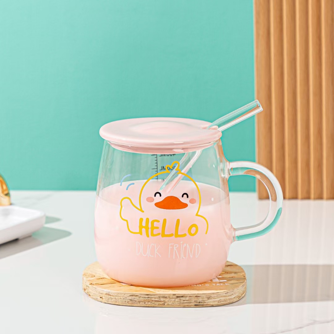 Creativo de dibujos animados lindo pato taza de paja con tapa transparente vidrio necesidades diarias regalo taza de beber taza