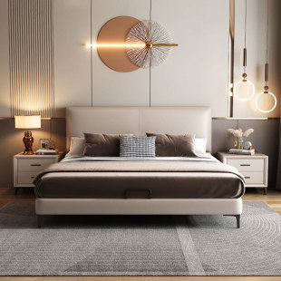 Italian minimalist leather bed modern minimalist light luxury bed double bed small apartment solid wood soft bag master bedroom leather bed