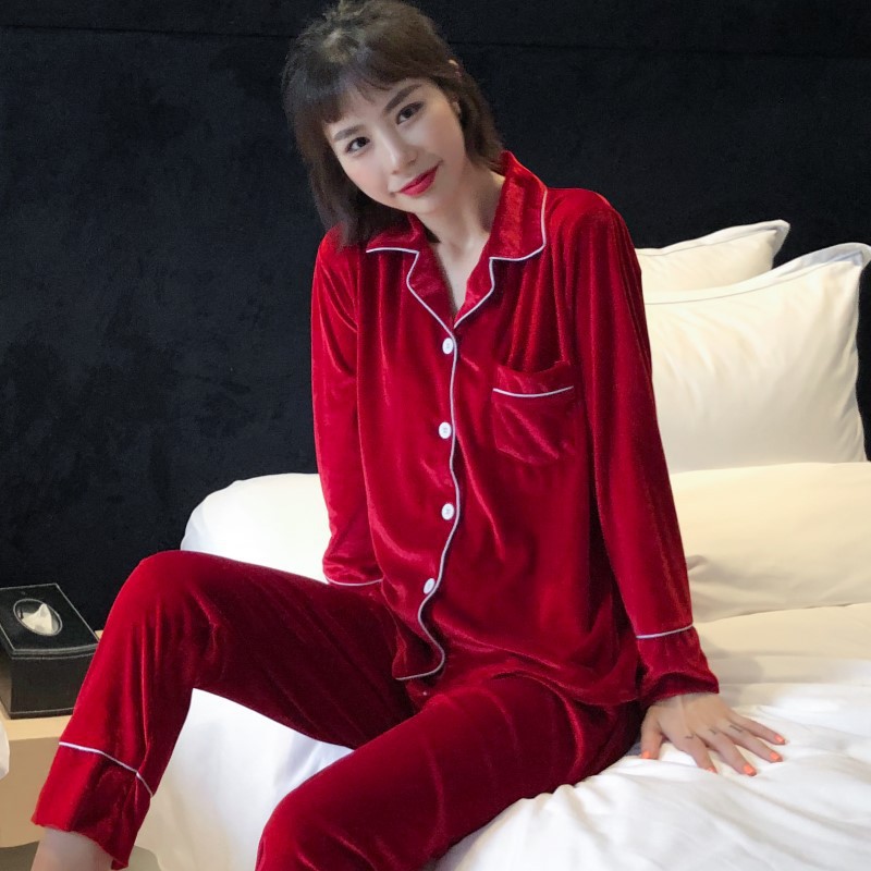 Oro de terciopelo pareja pijamas de las mujeres de estilo coreano de otoño y traje de invierno más tamaño de la boda de manga larga cardigan desgaste del hogar hombres