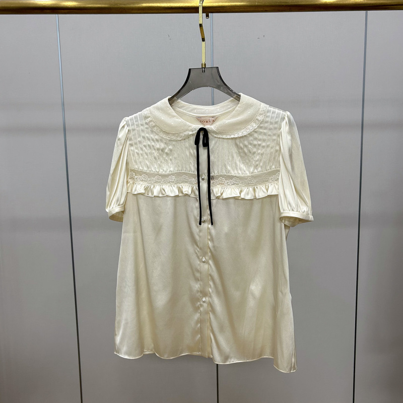 2026 New Summer Style Doll Collar Shirt for Women, French Satin Lace-Up Lace Splicing, Elegant Slimming Short-Sleeved Top