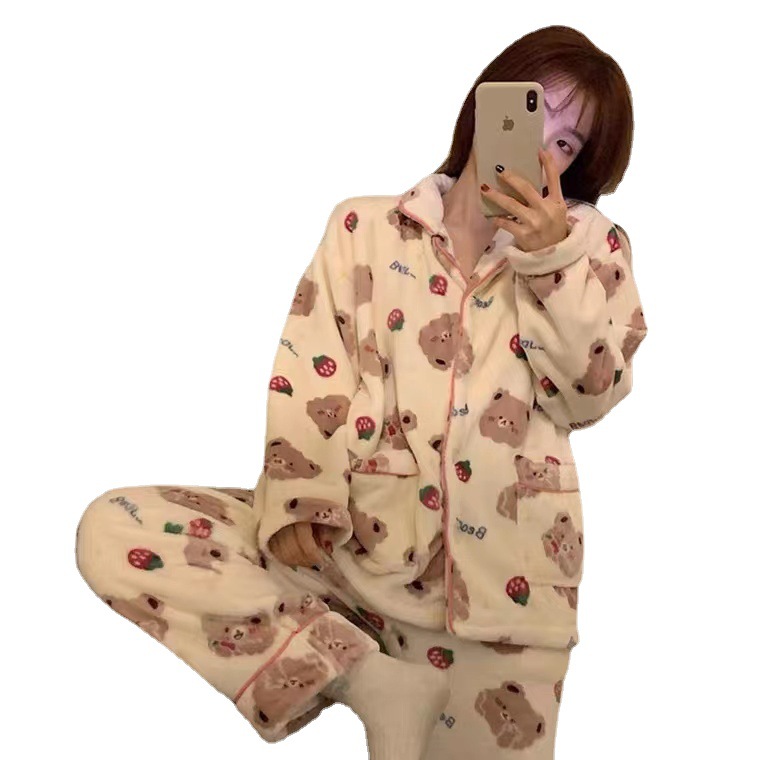 Franela dibujos animados fresa oso Pijamas Mujer coral vellón Linda niña de dos piezas de ropa para el hogar transmisión en vivo generación en línea