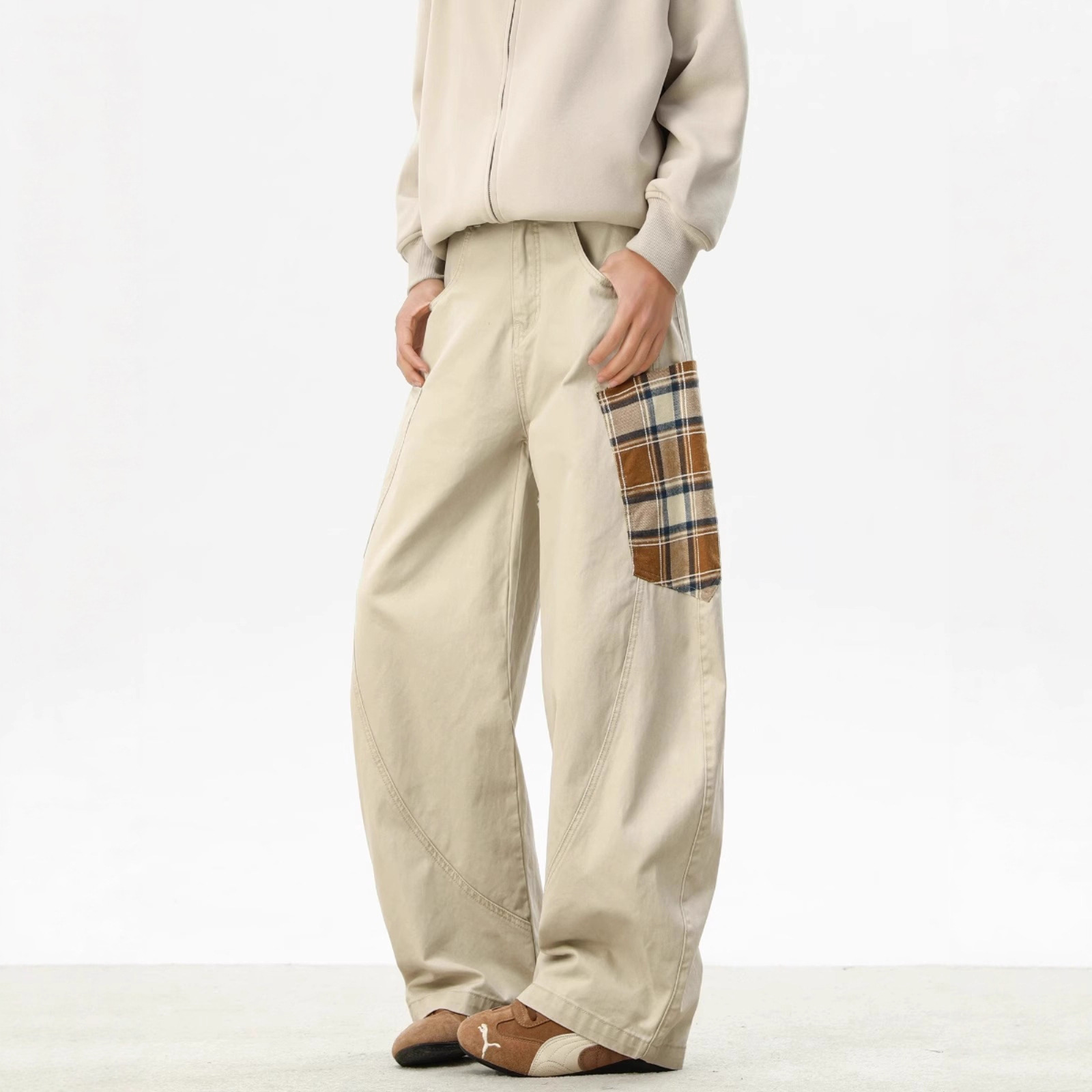 Trendy Plaid Pocket Spliced Scimitar Jeans for Men 2025 Summer New Loose Straight Cargo Pants