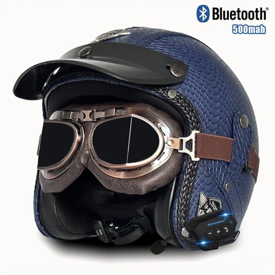 Motosiklet kaskı (dəbilqə), electric motorcycle retro helmet men's - v-blue-fish-pattern-copper-mirror-bluetooth-s