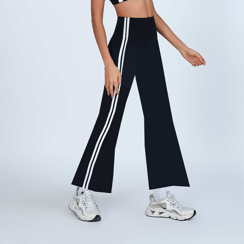 Pantalones de microyoga de cadera de melocotón de estilo europeo y americano, cintura alta, contraste de color blanco, deportes, fitness, pantalones acampanados de secado rápido de alta elasticidad