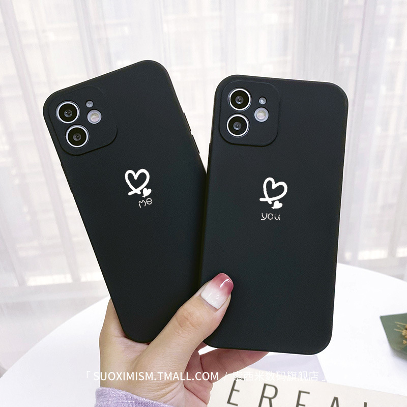 黑色双爱心me适用iPhone12promax手机壳苹果12情侣简约14精孔防摔