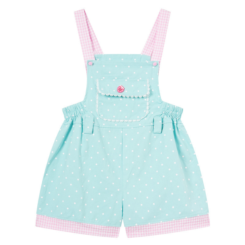 Light Blue Polka Dot Denim Shorts with Pink Plaid Lace Trim Pockets and Strawberry Buttons, Cute Girl Student Overalls