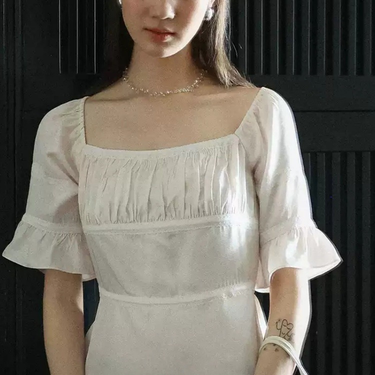 Lalglow Full Acetate French Puff Sleeve Square Neck Lace Patchwork Shirt