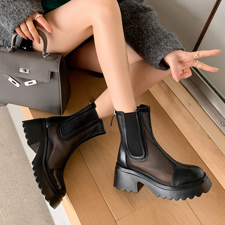 Boot ngắn nữ da bò mũi tròn đế dày thoáng khí khóa kéo sau — Màu đen, Màu mơ chi tiết 90