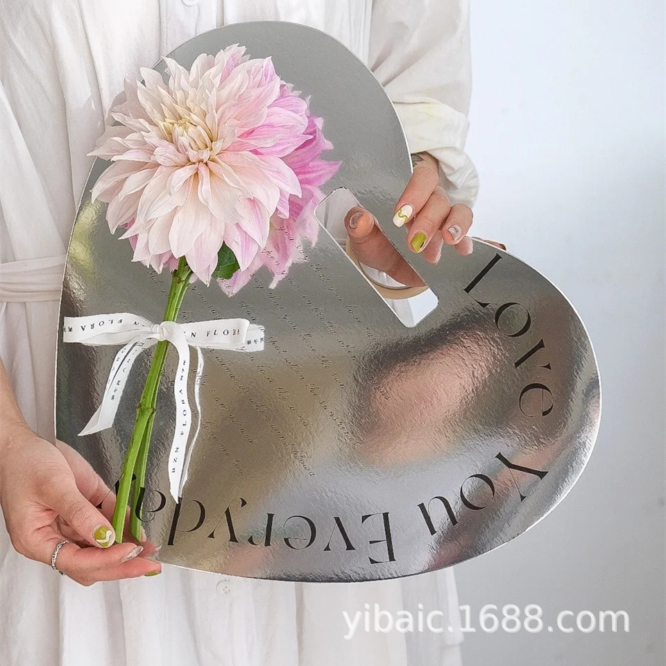 Caja de Flores para el Día del Maestro, en Forma de Corazón, con un Solo Ramo de Rosas, Embalaje con Espejo, Bolsa de Transporte para Flores, Arreglo Floral