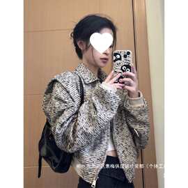 厂家直销韩版小香风短款外套女秋季新款设计感小众垫肩气质开