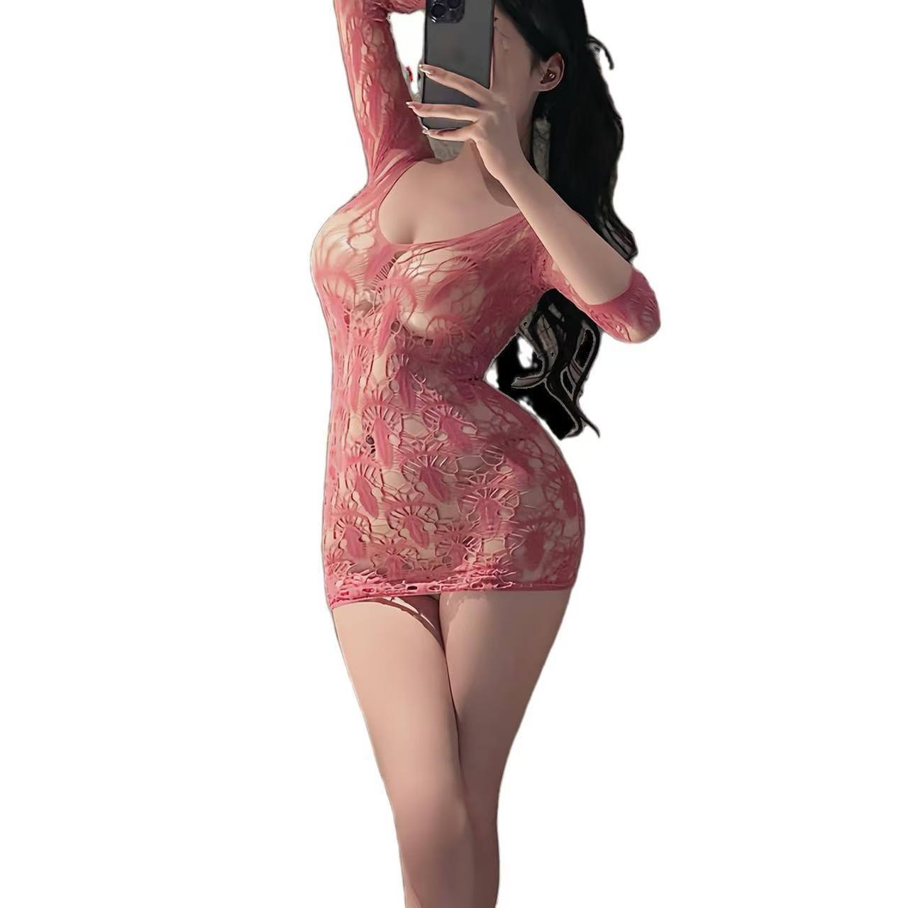 Hollow Jacquard Open-Crotch Babydoll Set with Bag and Posie Socks, One Size — detail image 5