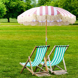 定制流苏边花园庭院太阳伞可转向欧式木杆沙滩伞别墅泳池露台遮阳