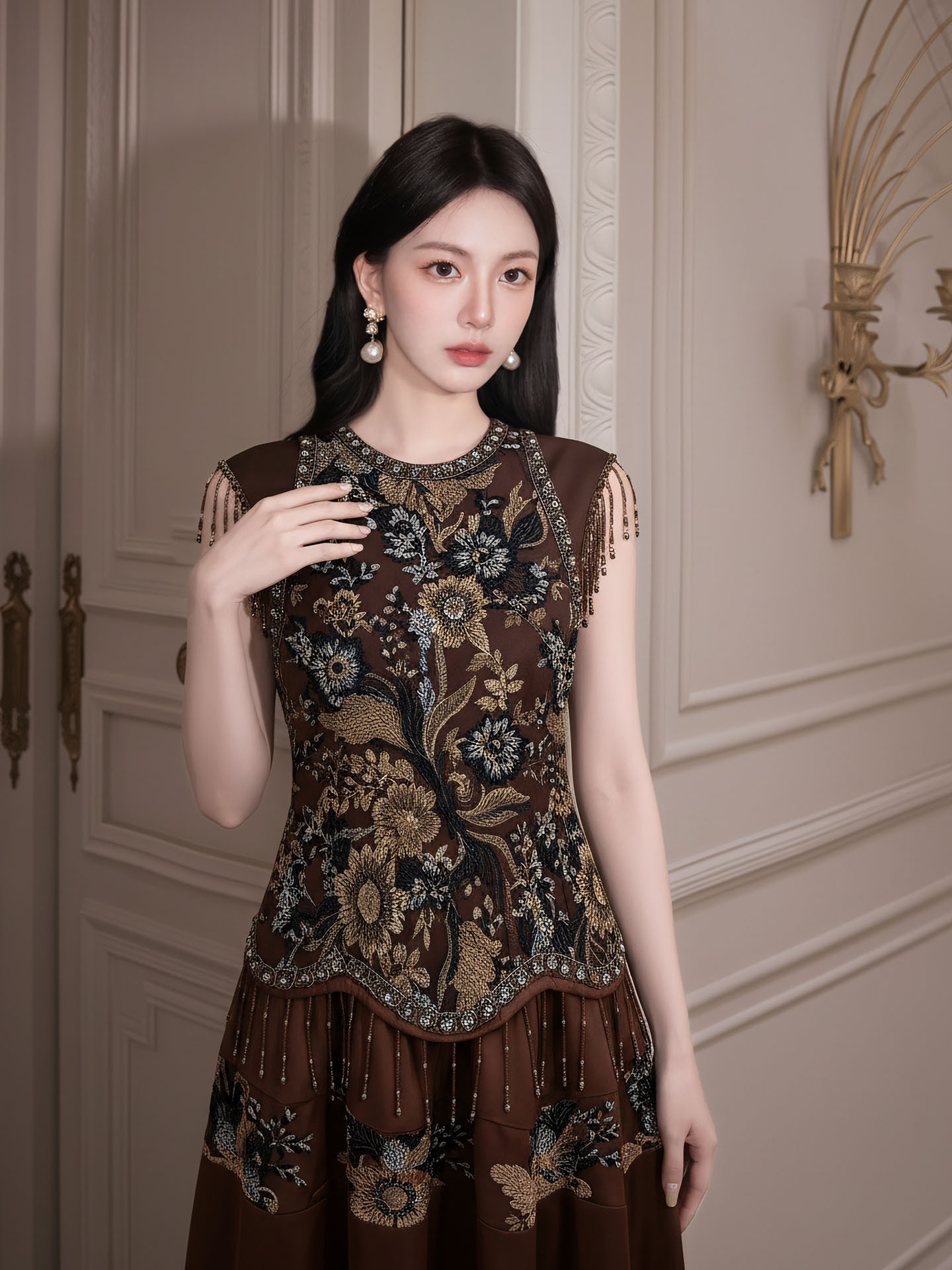 Đầm maxi nữ thắt eo phong cách Tân Trung Hoa, cổ tròn, đính cườm thêu ren, thiết kế vintage — Màu cà phê
