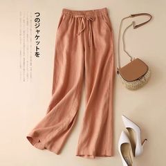 女性用コットンとリネンのワイドレッグパンツ、ハイウエストとドレープ、2024夏の薄いリネンの女性用パンツ、ゆったり、スリムで多用途なストレートパンツ