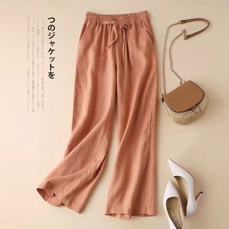 女性用コットンとリネンのワイドレッグパンツ、ハイウエストとドレープ、2024夏の薄いリネンの女性用パンツ、ゆったり、スリムで多用途なストレートパンツ|undefined
