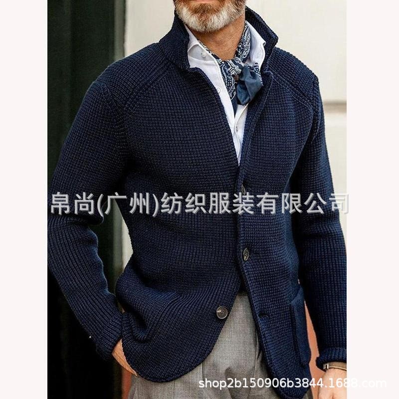 Cross border 2020 Autumn winter long sleeve thick cardigan slim body warm dark blue standing collar youth casual cardigan