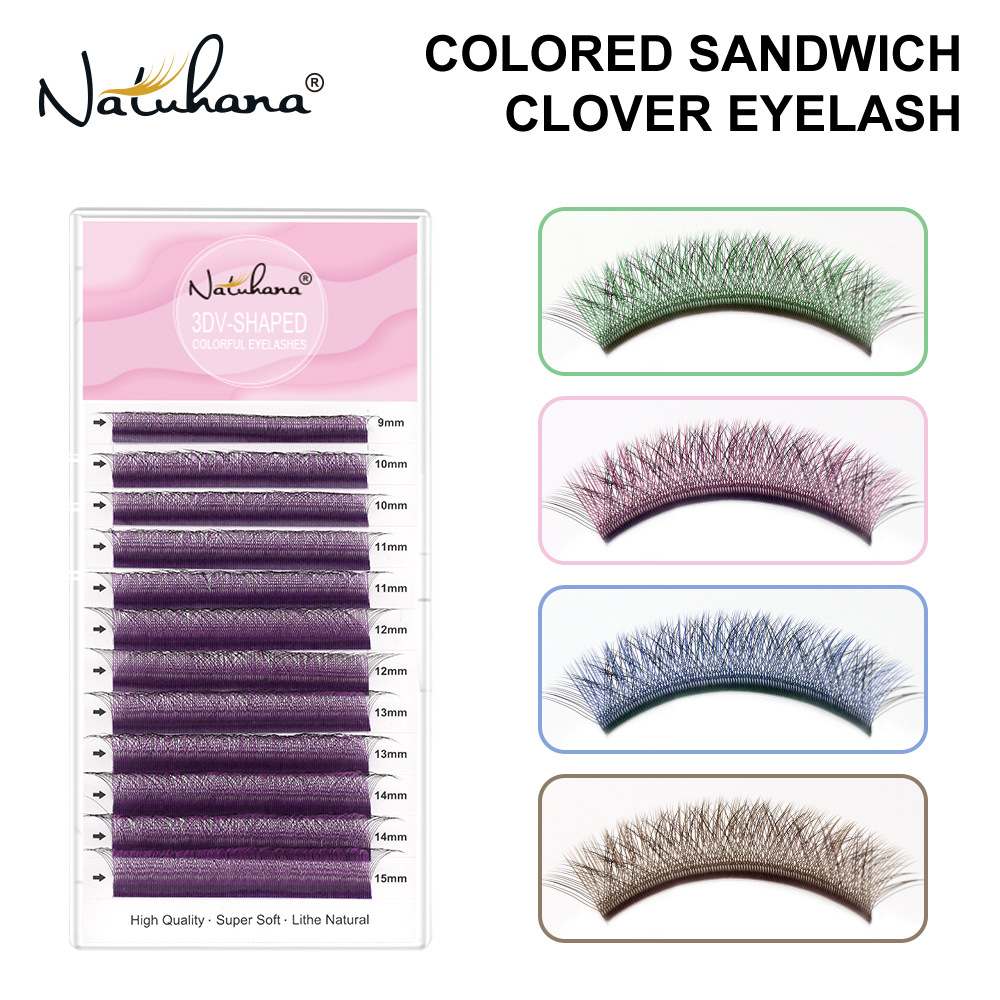 NATUHANA 0.07 Trébol sándwich W Pestañas de color malla tejido flor de manera uniforme pestañas injertadas