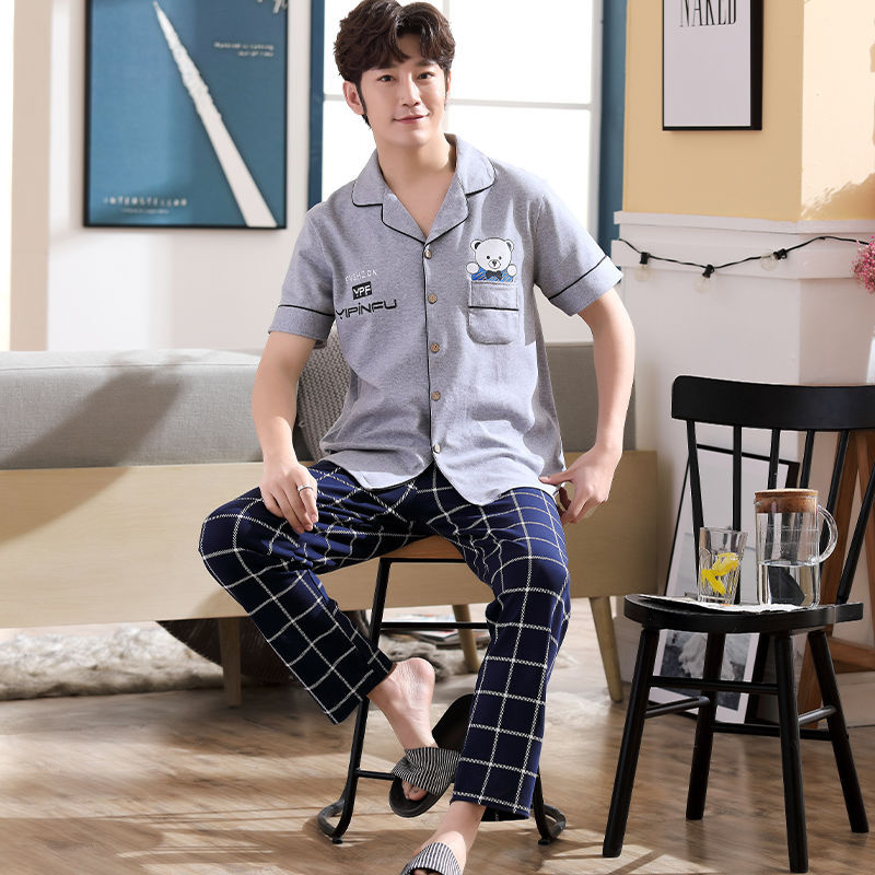 Pijama de algodón 100% de primavera y verano de los hombres pantalones de manga corta cardigan Delgado de los hombres de primavera y otoño de manga corta ropa para el hogar