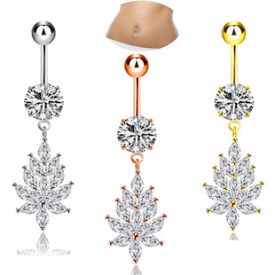 Cross-border selling exquisite zircon navel ring flower leaf navel buckle stainless steel piercing jewelry navel nail