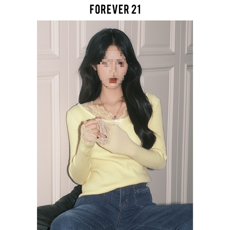 Forever21纯欲杏色蕾丝拼接V领上衣女秋冬法式打底长袖修身针织衫|undefined