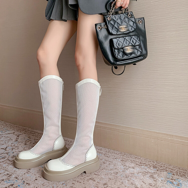 Boot lưới da thật cổ cao mũi tròn đế dày phối màu thoáng khí mùa hè — Màu đen cổ ống lớn, Ống nhỏ màu đen, Chu vi ống lớn màu trắng Be, Ống nhỏ màu be