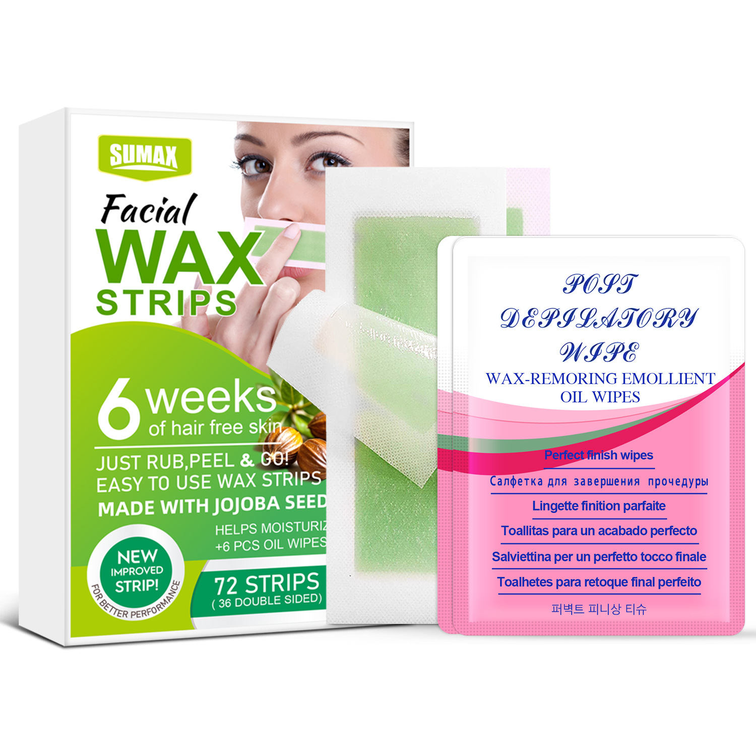SUMAXクロスボーダー輸出英語包装顔脱毛ワックス紙72pcsグリーンひげ