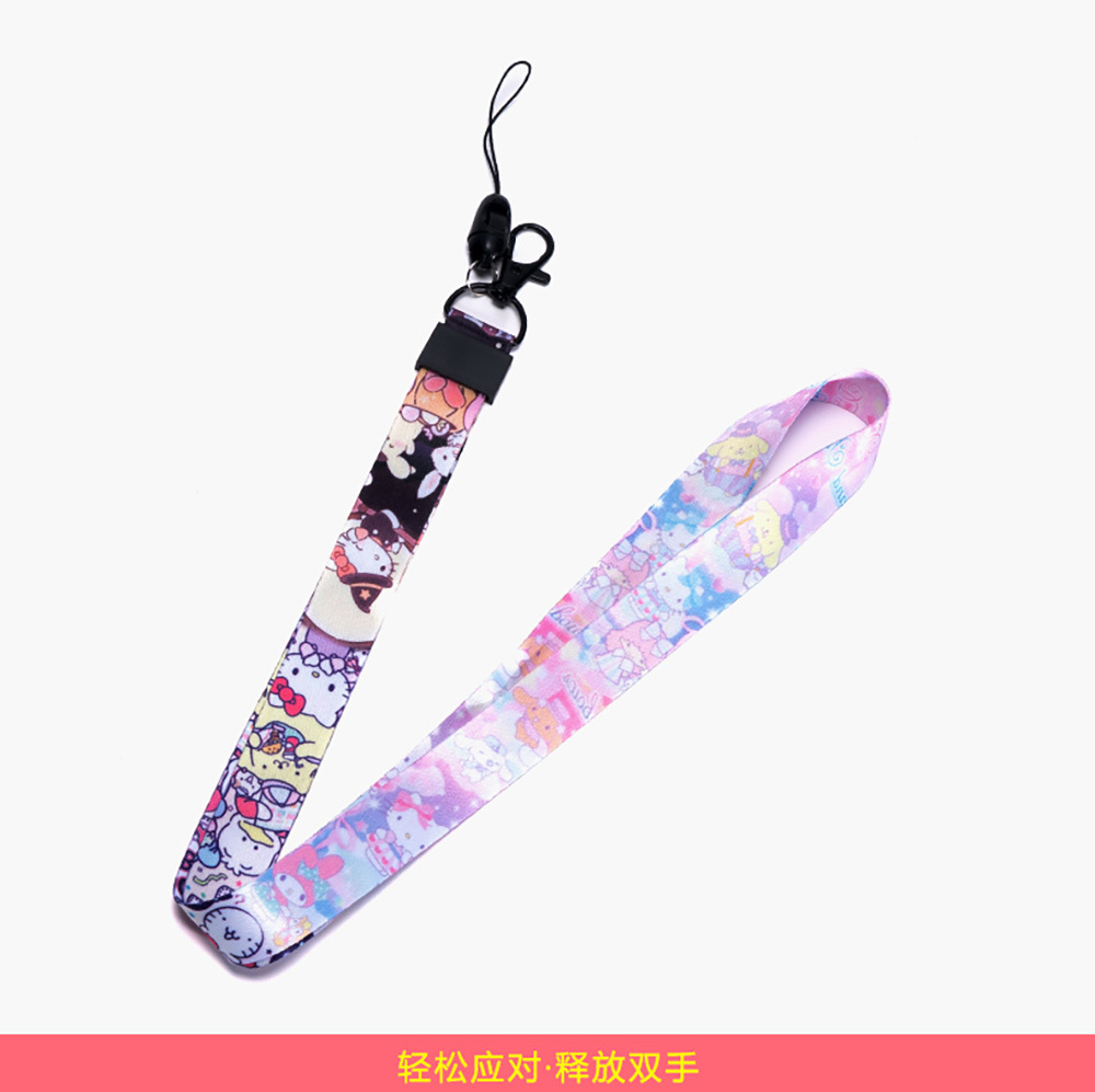 Halter creativo de dibujos animados cuerda larga poliéster transferencia térmica correa de muñeca desmontable Halter Cordón de teléfono móvil hebilla de metal de doble cara