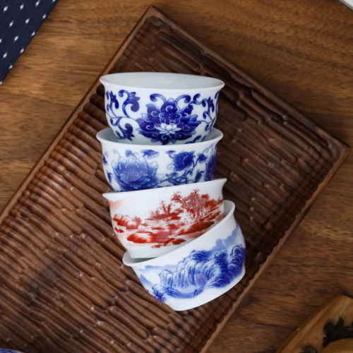 Dehua white ceramic small teacup, Gongfu tea set, tea tasting cup, antique blue and white porcelain tea bowl, single cup, manufacturer wholesale