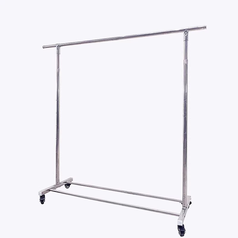 Estante de exhibición de ropa de acero inoxidable de una sola barra tipo piso estante de ropa altura ajustable telescópico pórtico de isla media