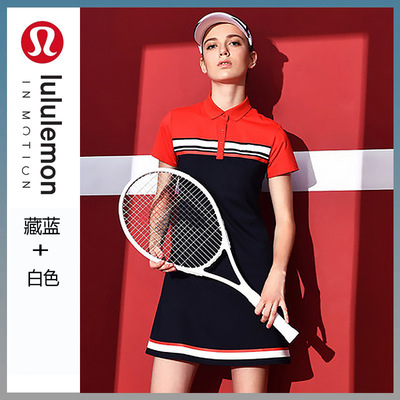 Lulu速幹透氣健身網球裙運動瑜伽服短袖撞色時尚修身連衣裙舞蹈裙