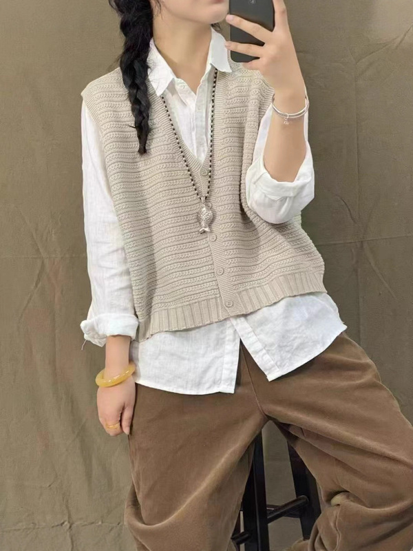 25年秋款马甲女棉线宽松休闲韩版学院风马夹开衫无袖坎肩亲肤新款|undefined