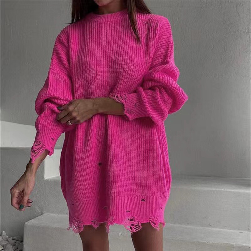 Europe and the United States cross-border Amazon autumn and winter new solid color round neck long sleeve hem hole loose knitted pullover sweater