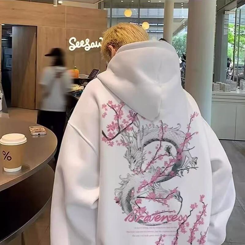 Autumn Trendy Dragon Print Black Hooded Sweatshirt for Men, Loose Fit, Trendy Brand Top