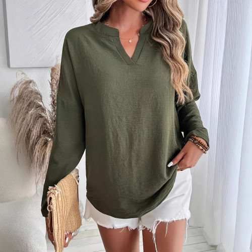 Euro-American 2025 Summer V-neck Solid Color Fashion Casual Long-sleeve Shirt for Women, Light Luxury and Elegant