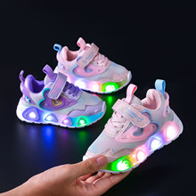 外贸春秋新款儿童运动鞋女童网布透气发光中小童女孩公主休闲鞋潮