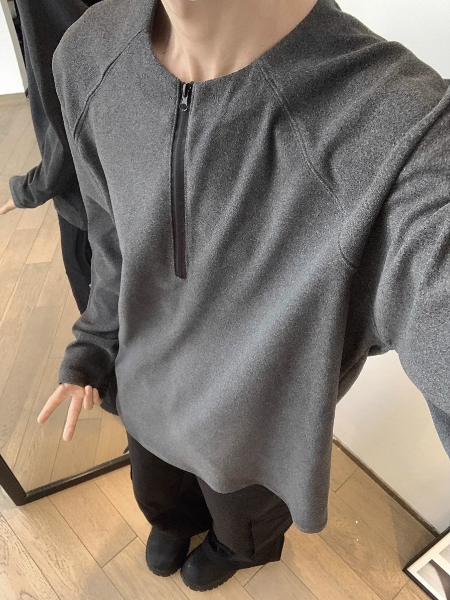 Cleanfitダークグレー長袖tシャツメンズ2024秋冬新作ヘンリー襟ゆるいインナーシャツ