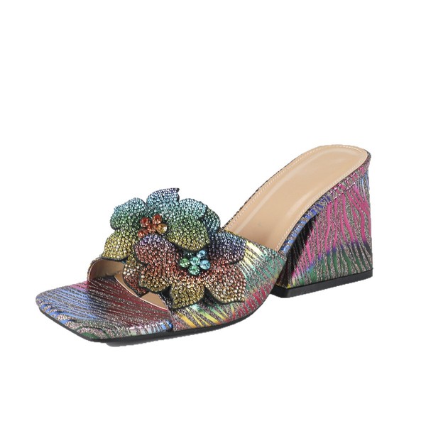 Women's fashionable mules with rhinestones heels square toe open toe