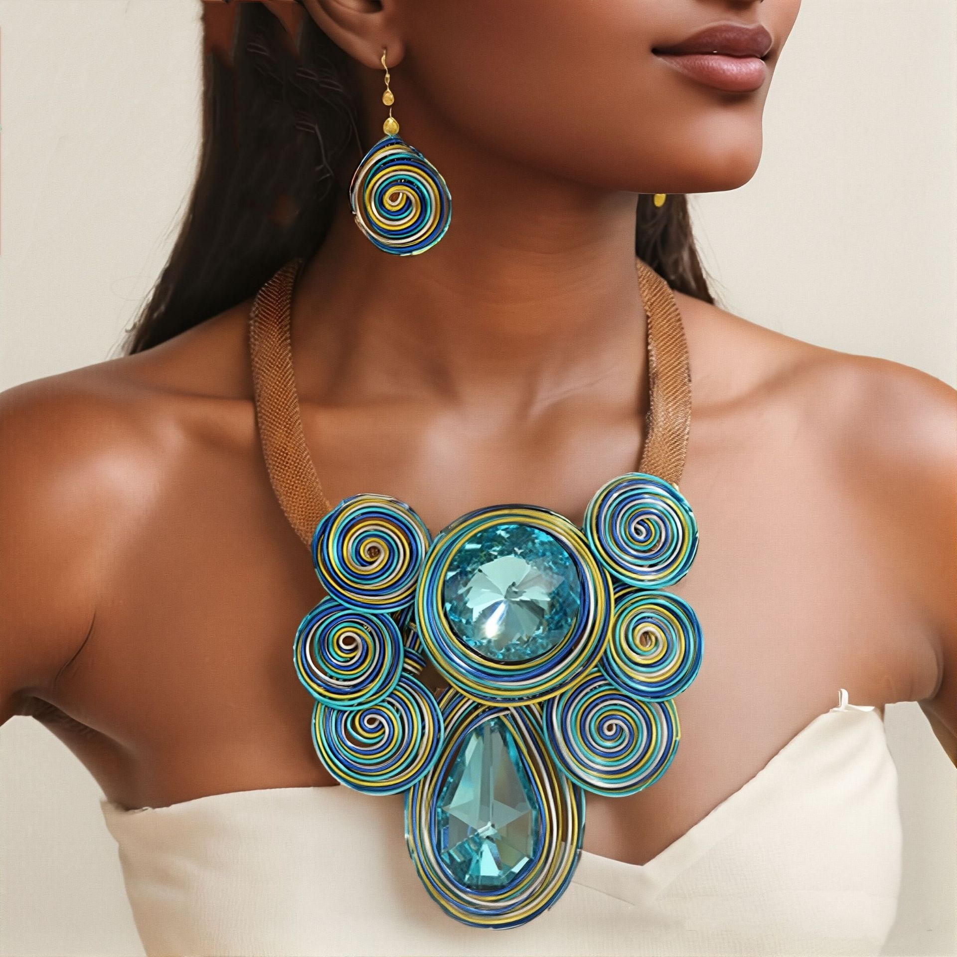 跨境玻璃水晶花朵吊坠项链耳环套装宴会饰品SHEIN necklace