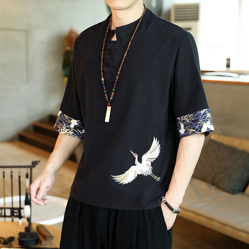 Camiseta de estilo chino para hombre verano fino grulla bordada de algodón y lino camiseta de manga corta para hombre con hebilla suelta de cinco puntos y media manga para hombre