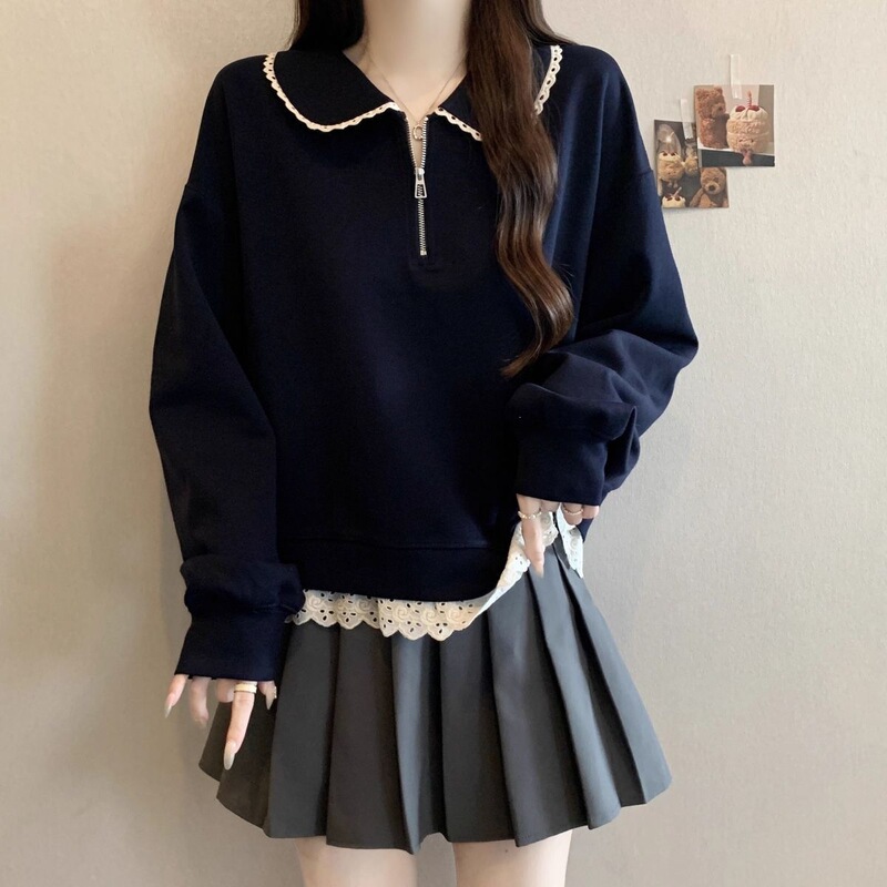 Plus-size lace doll collar long-sleeve sweatshirt for women, autumn 2026 new fashion, age-reducing, slimming, commuter top