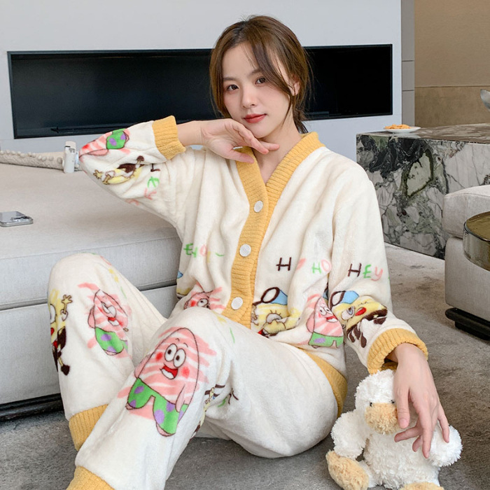 Varios pijamas de invierno de las mujeres con cuello en V cardigan de dibujos animados lindo forro polar engrosada franela traje homewear mujeres