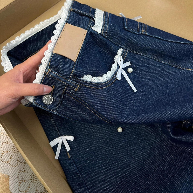 Korean Style Super Optimistic dark blue Lace Stitching Jeans Women's 2025 New Design Sense Niche Straight Leg Pants