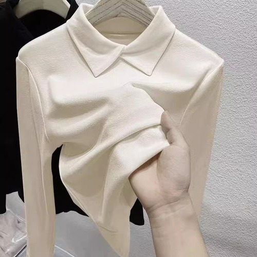 Stylish Youthful Slimming Black Fleece Long-Sleeve Base Shirt for Autumn/Winter Versatile Innerwear Slim Fit Polo Collar Women