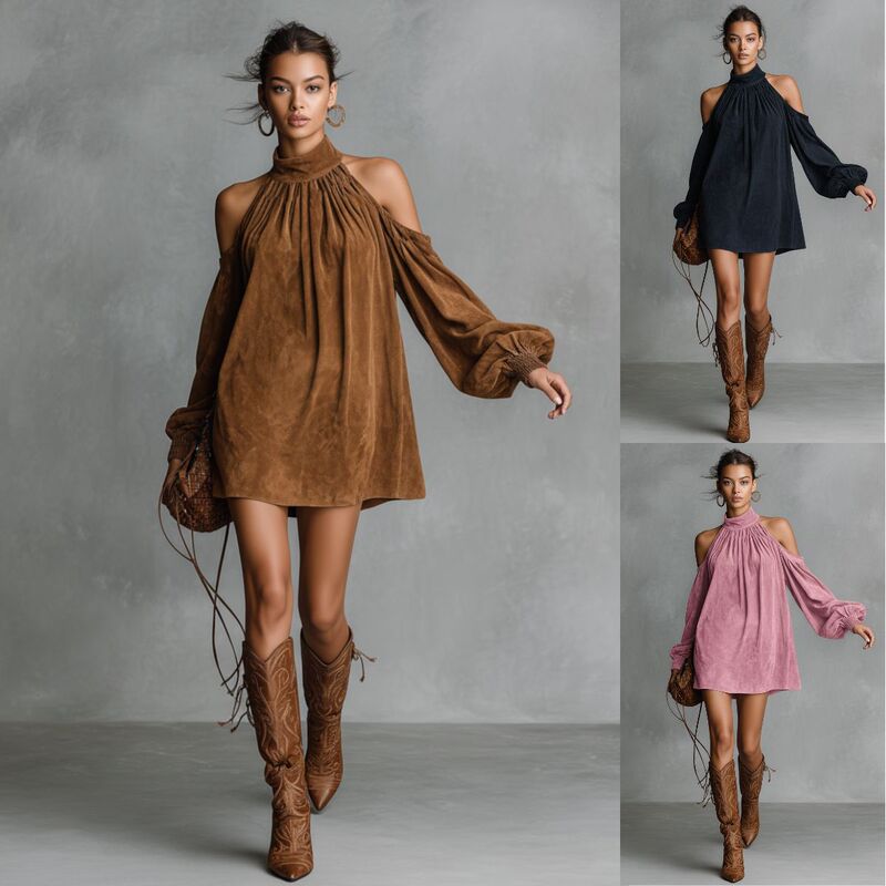2026 European and American Independent Brand New Autumn Women's Loose Suede Halter Neck Half-High Collar Lantern Sleeve Mini Dress 2026 European and American Independent Brand New Autumn Women's Loose Suede Halter Neck Half-High Collar Lantern Sleeve Mini Dress