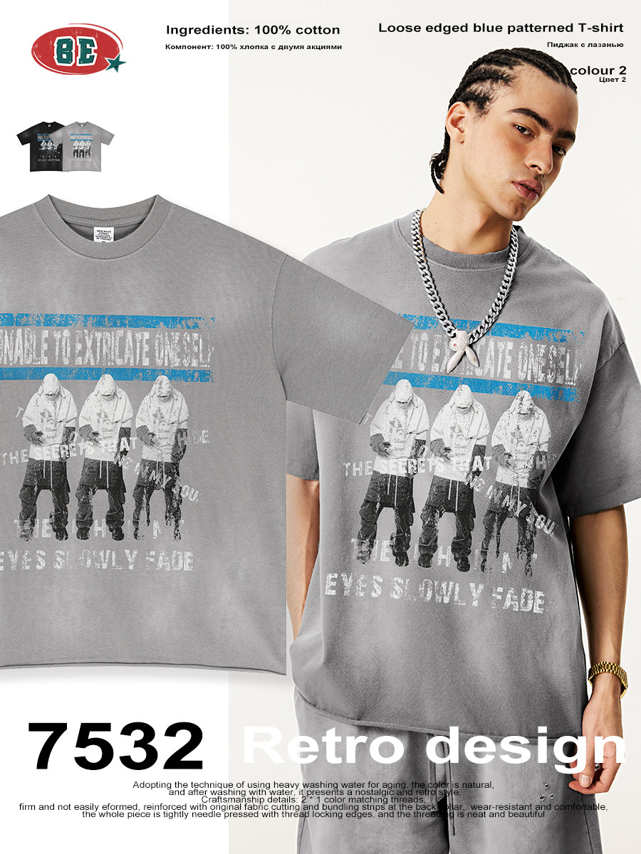 Be Hombres| 2025 verano americano marca de moda retro hacer viejos lesbianas vta rizado suelto camiseta de manga corta hombre