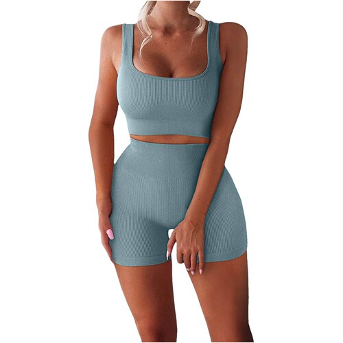 Ladies Sexy U-Neck Backless Top Two-Piece Set Ribbed Backless Top High-Waisted Shorts Yoga Wear
