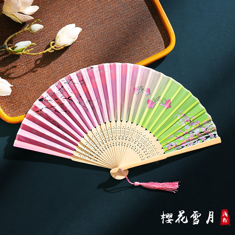 Ventilador plegable de verano, estilo chino, Hanfu, cheongsam, baile para niños, ventilador de estilo antiguo, ventilador de bambú plegable portátil